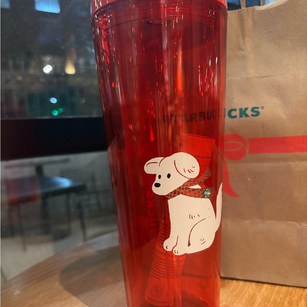 Starbucks Red Tumbler with Adorable Puppy Design